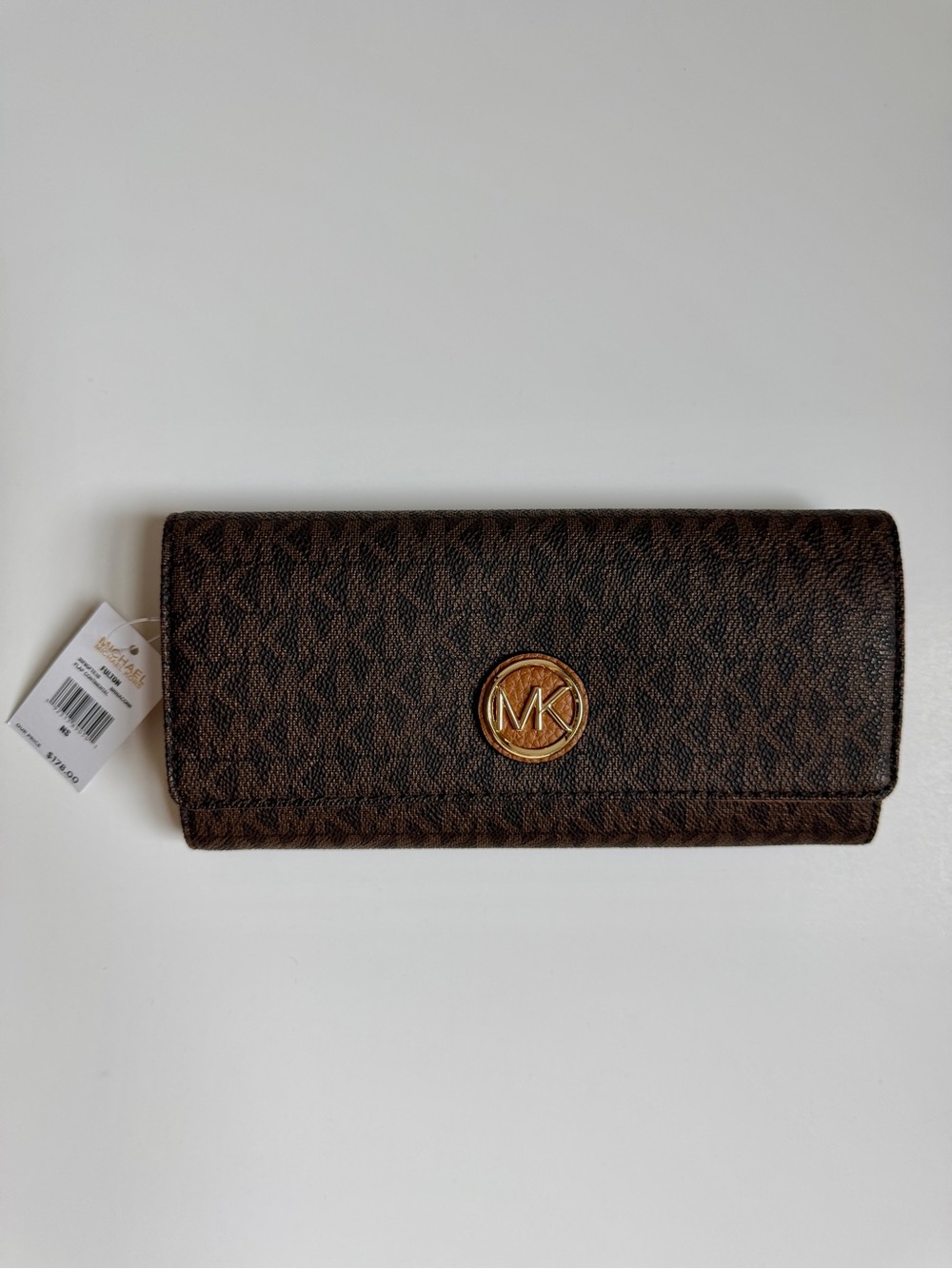 Michael Kors Fulton Continental Flap Wallet Brown Logo Gold Emblem NWT